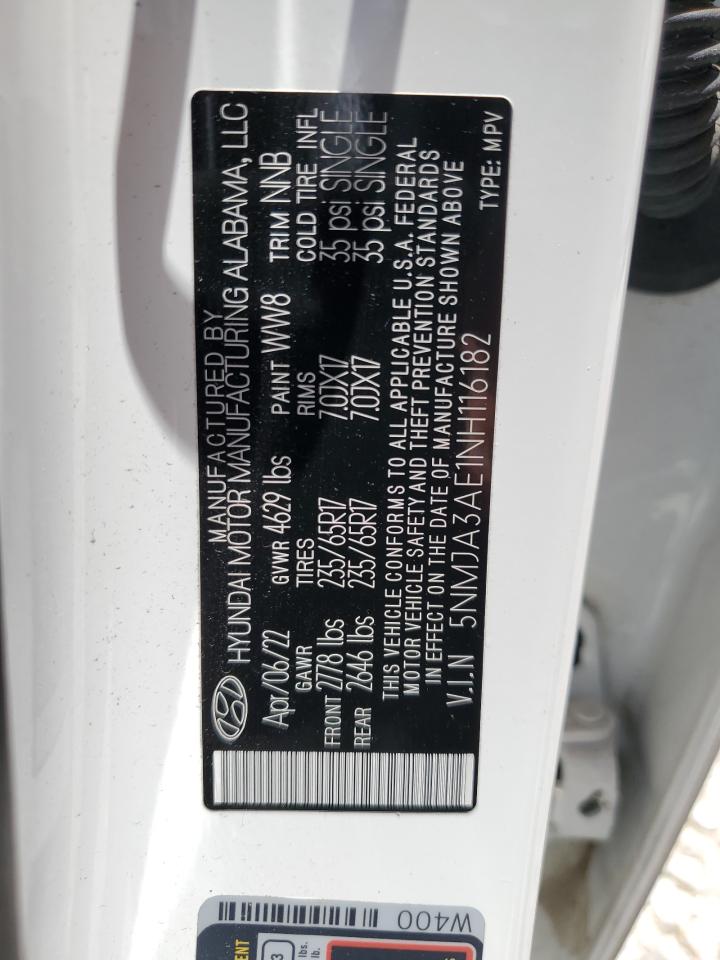 2022 HYUNDAI TUCSON SE VIN:5NMJA3AE1NH116182