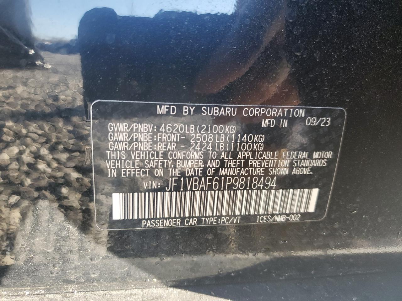 2023 SUBARU WRX PREMIUM VIN:JF1VBAF61P9818494