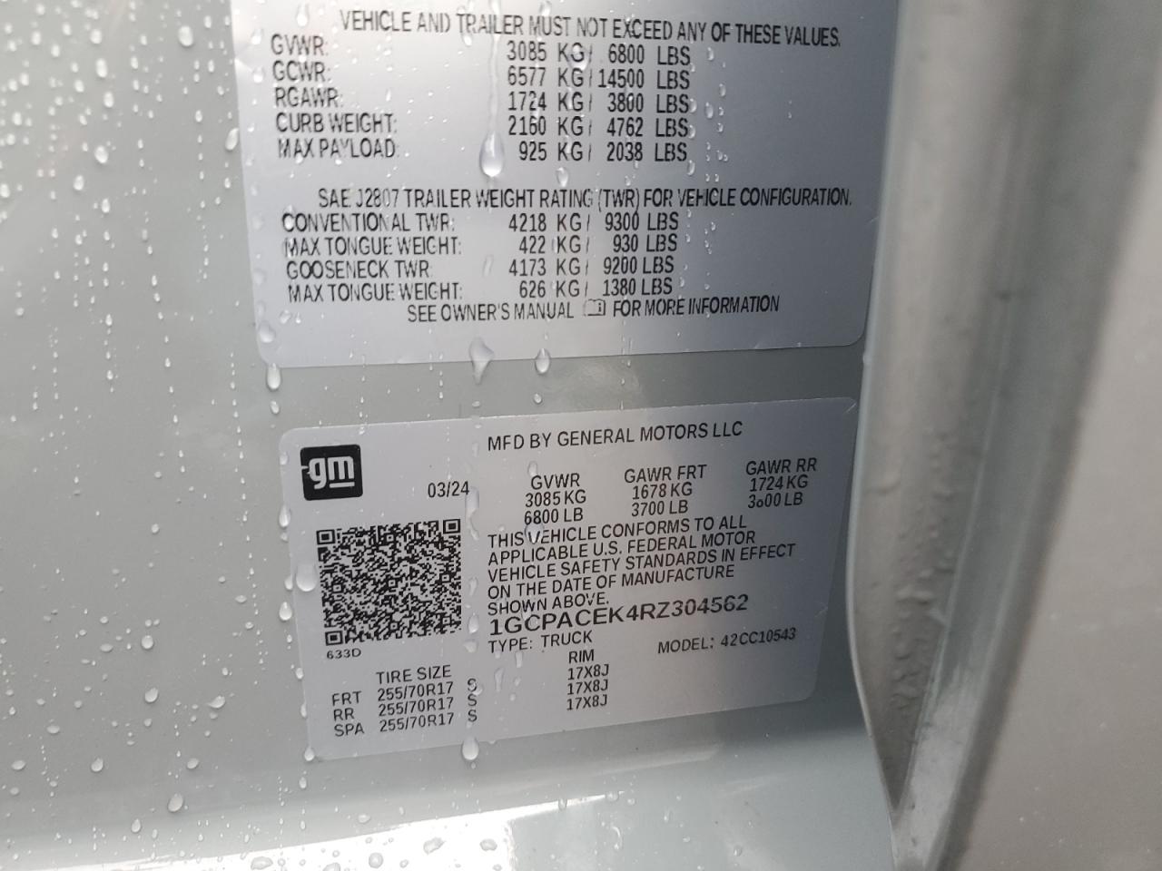 2024 CHEVROLET SILVERADO C1500 LT VIN:1GCPACEK4RZ304562