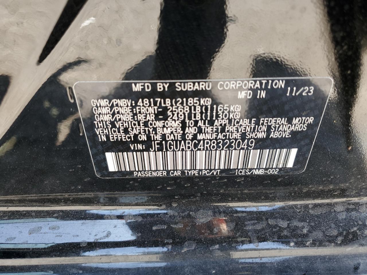 2024 SUBARU IMPREZA VIN:JF1GUABC4R8323049