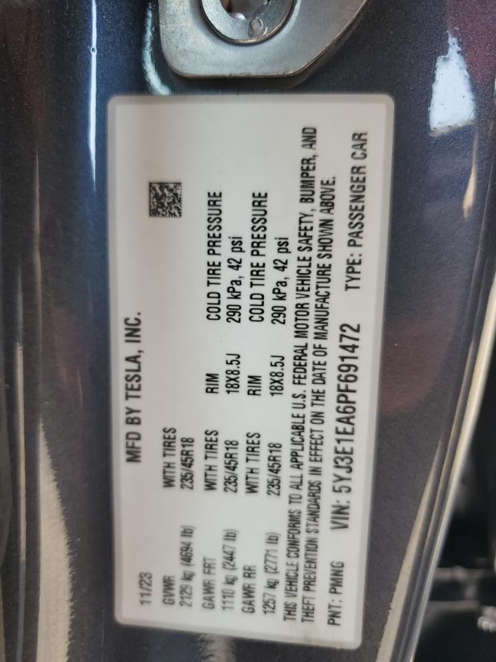 2023 TESLA MODEL 3 VIN:5YJ3E1EA6PF691472