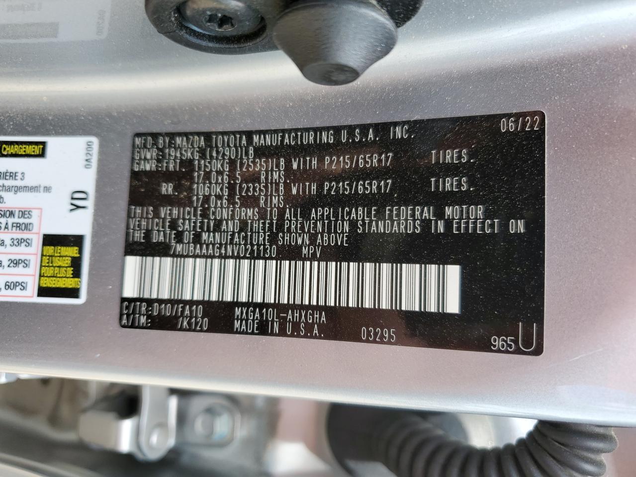 2022 TOYOTA COROLLA CROSS LE VIN:7MUBAAAG4NV021130