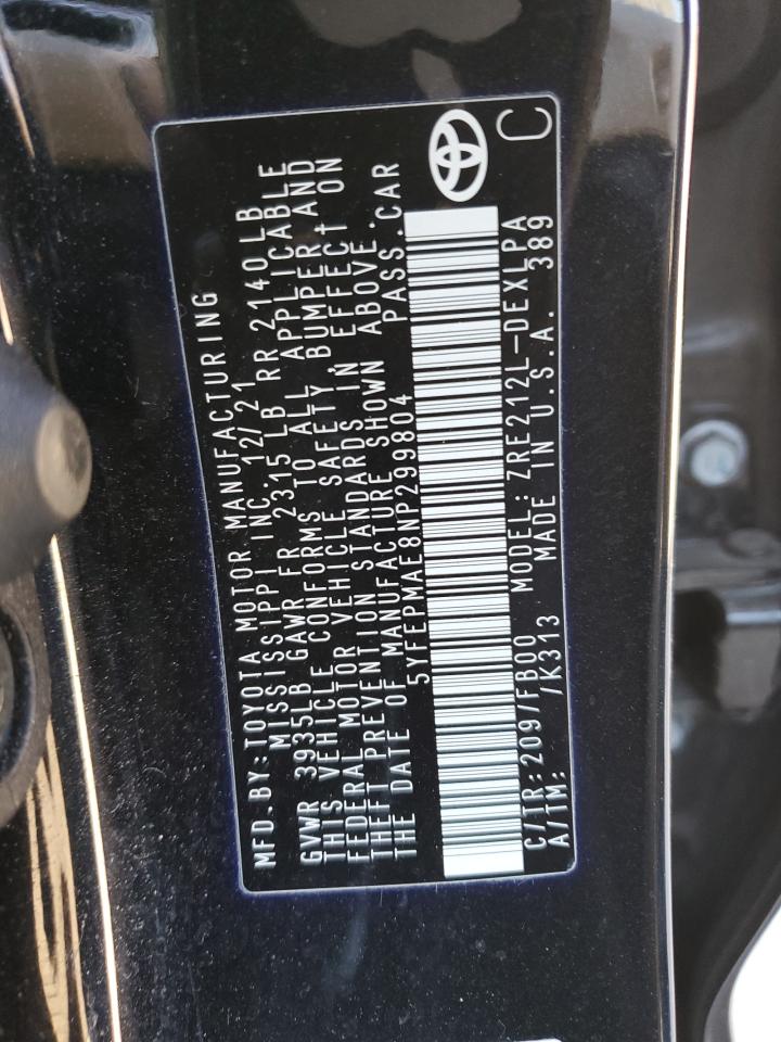 2022 TOYOTA COROLLA LE VIN:5YFEPMAE8NP299804