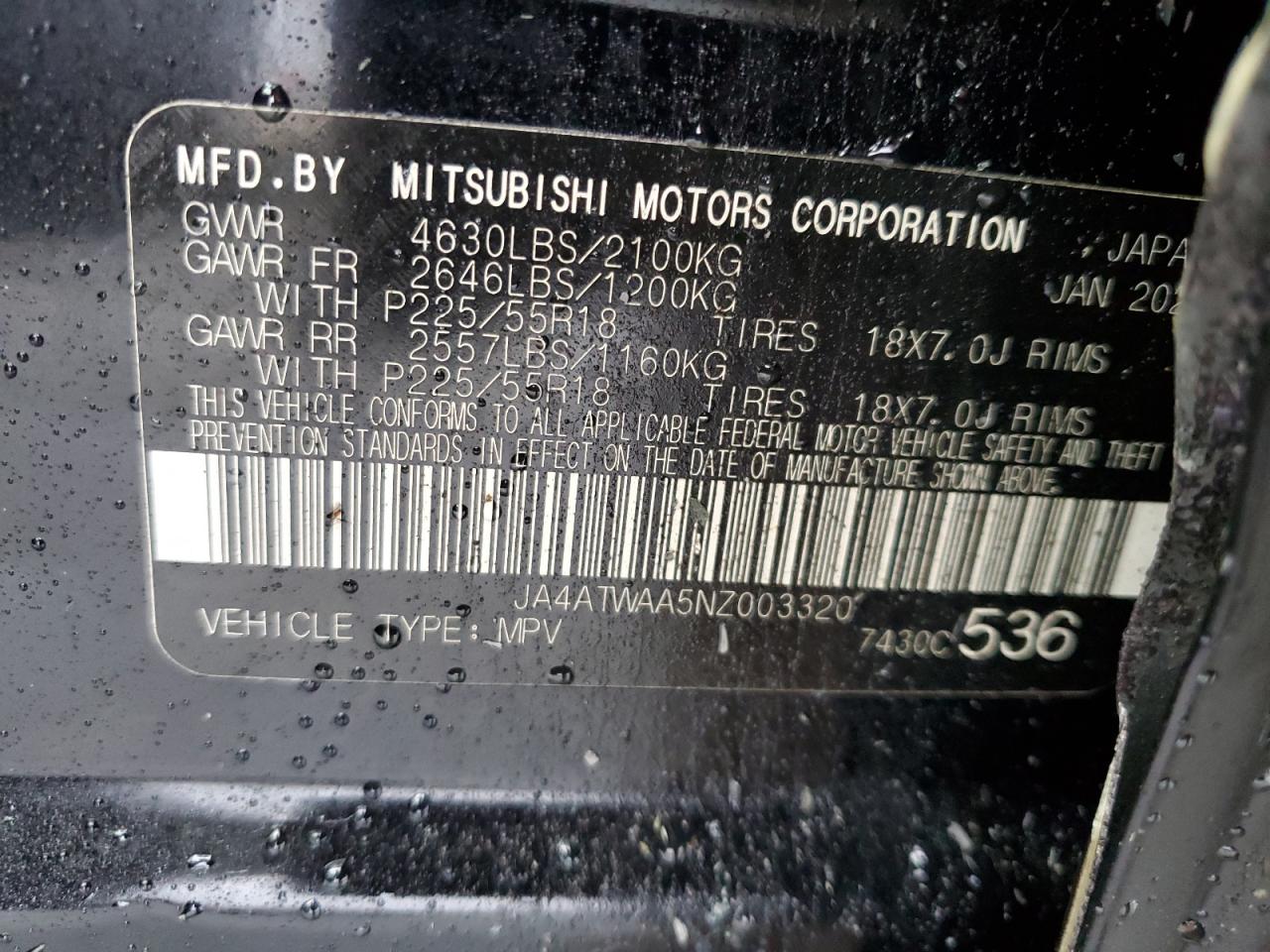 2022 MITSUBISHI ECLIPSE CROSS SE VIN:JA4ATWAA5NZ003320