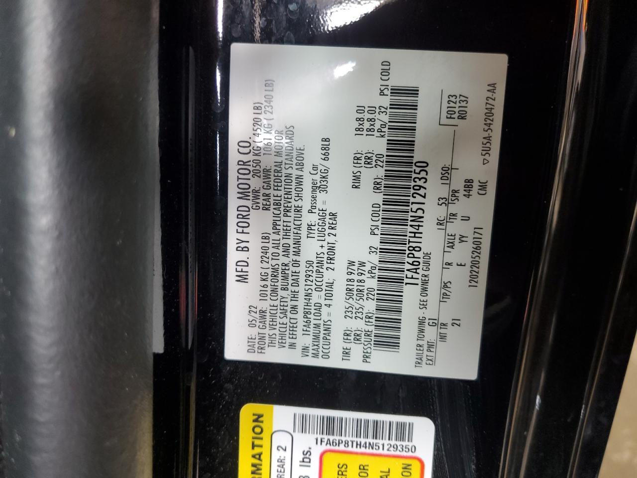 2022 FORD MUSTANG VIN:1FA6P8TH4N5129350
