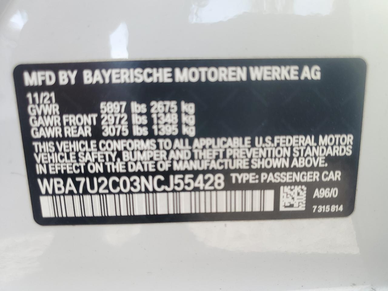 2022 BMW 750 XI VIN:WBA7U2C03NCJ55428