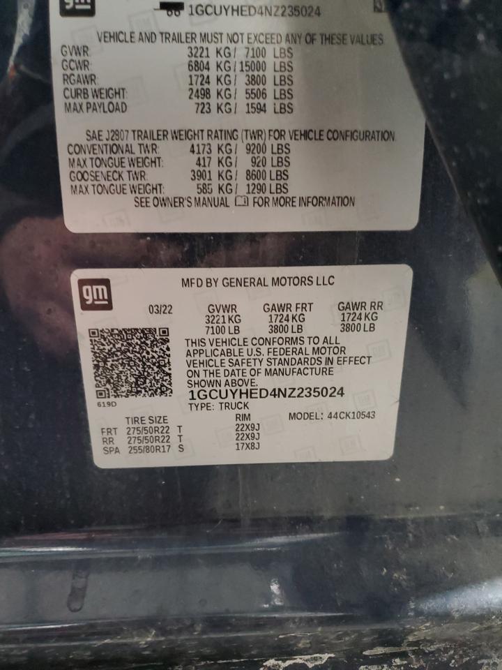 2022 CHEVROLET SILVERADO LTD K1500 HIGH COUNTRY VIN:1GCUYHED4NZ235024