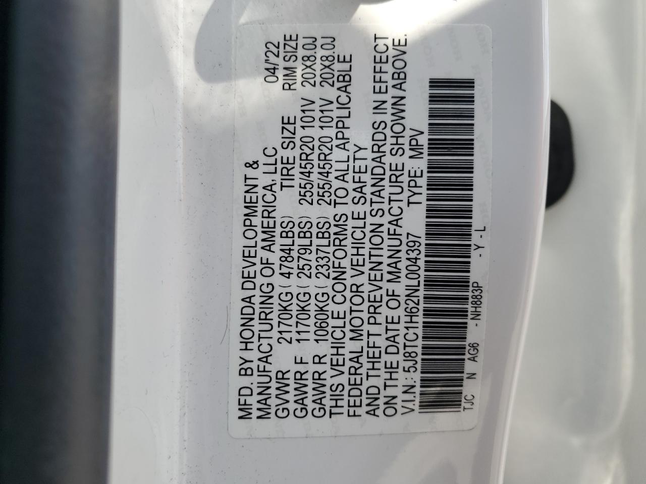 2022 ACURA RDX A-SPEC VIN:5J8TC1H62NL004397