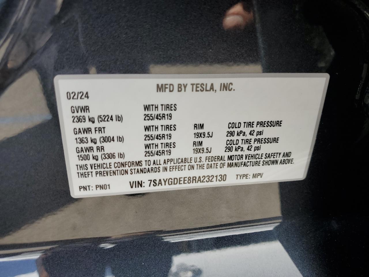 2024 TESLA MODEL Y VIN:7SAYGDEE8RA232130