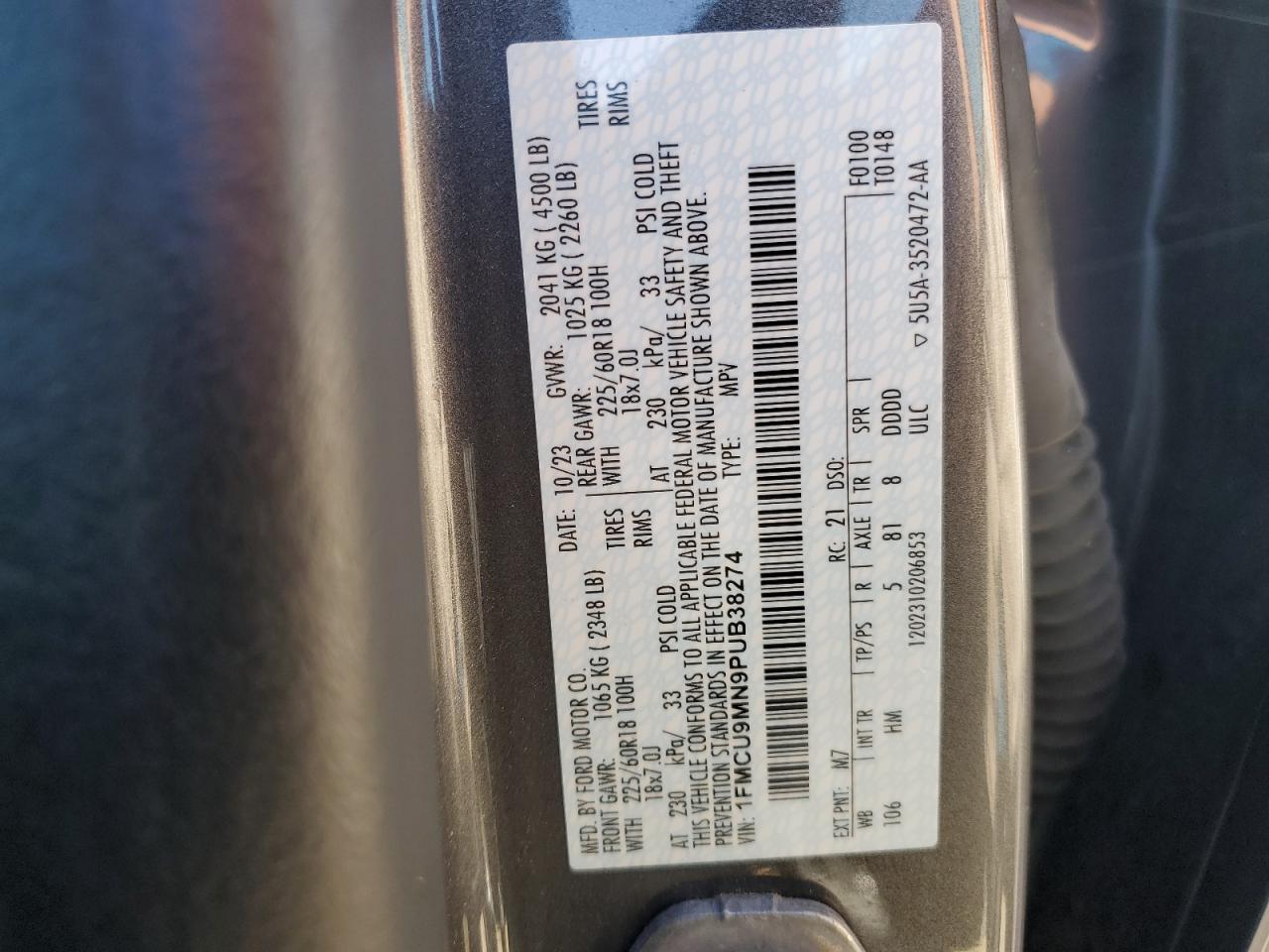 2023 FORD ESCAPE ST LINE VIN:1FMCU9MN9PUB38274