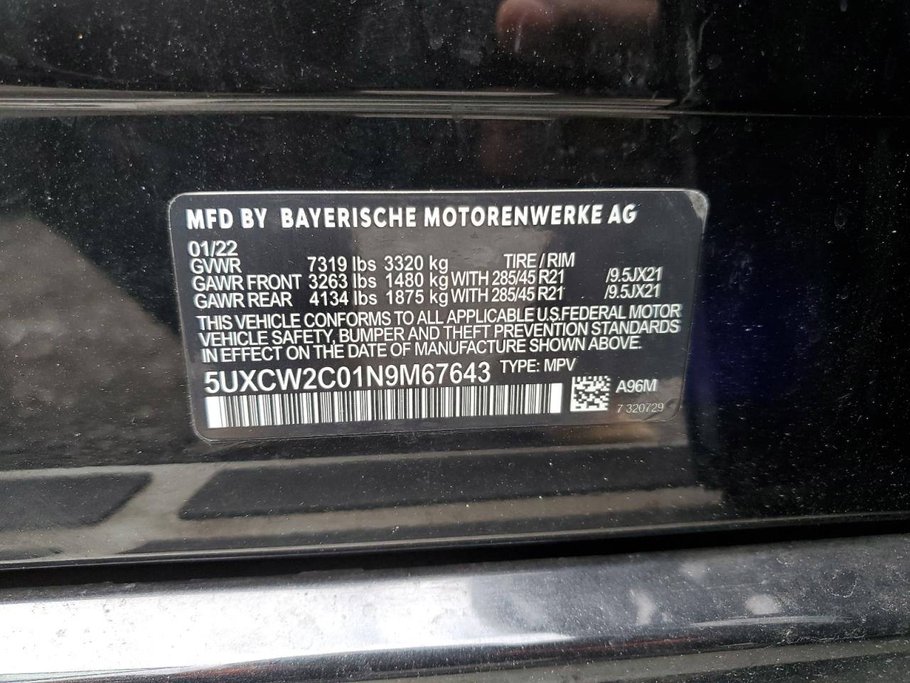 2022 BMW X7 XDRIVE40I VIN:5UXCW2C01N9M67643