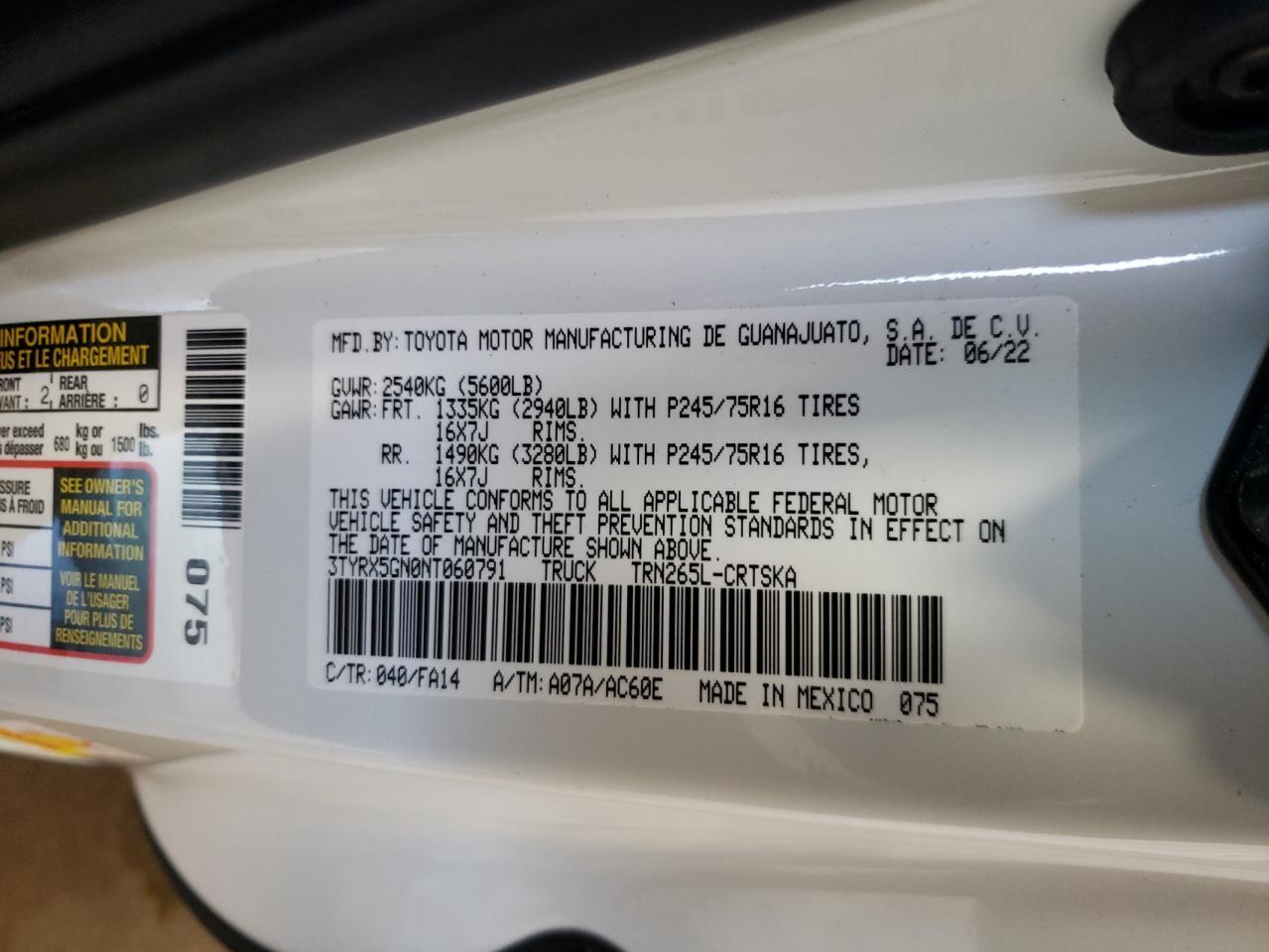 2022 TOYOTA TACOMA ACCESS CAB VIN:3TYRX5GN0NT060791