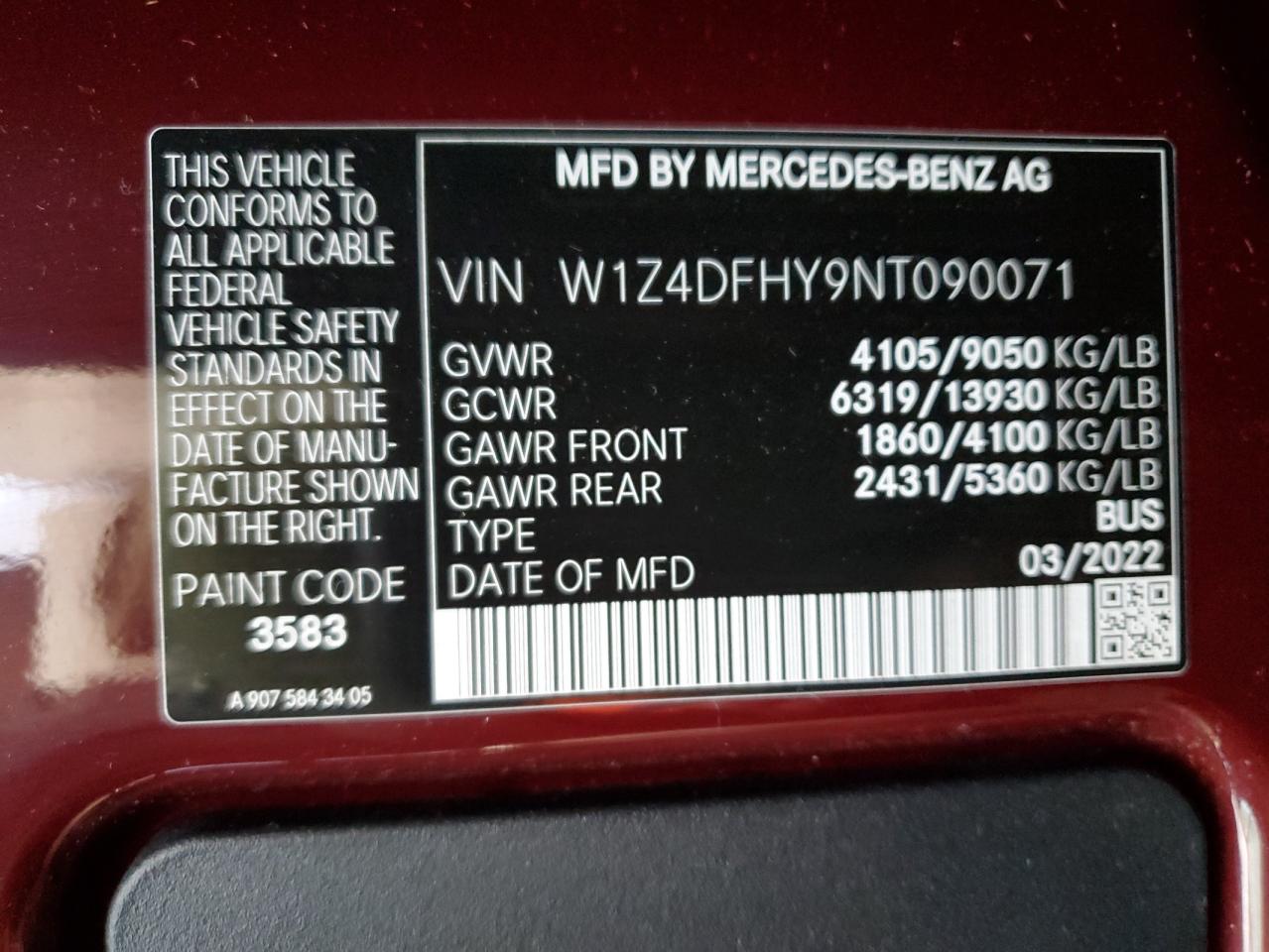 2022 MERCEDES-BENZ SPRINTER 2500 VIN:W1Z4DFHY9NT090071