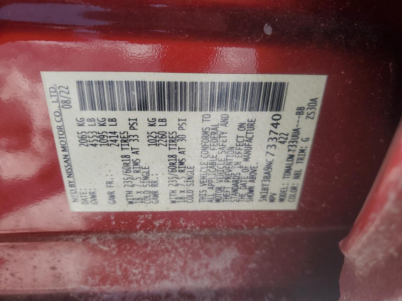 2022 NISSAN ROGUE SV VIN:5N1BT3BA9NC733740