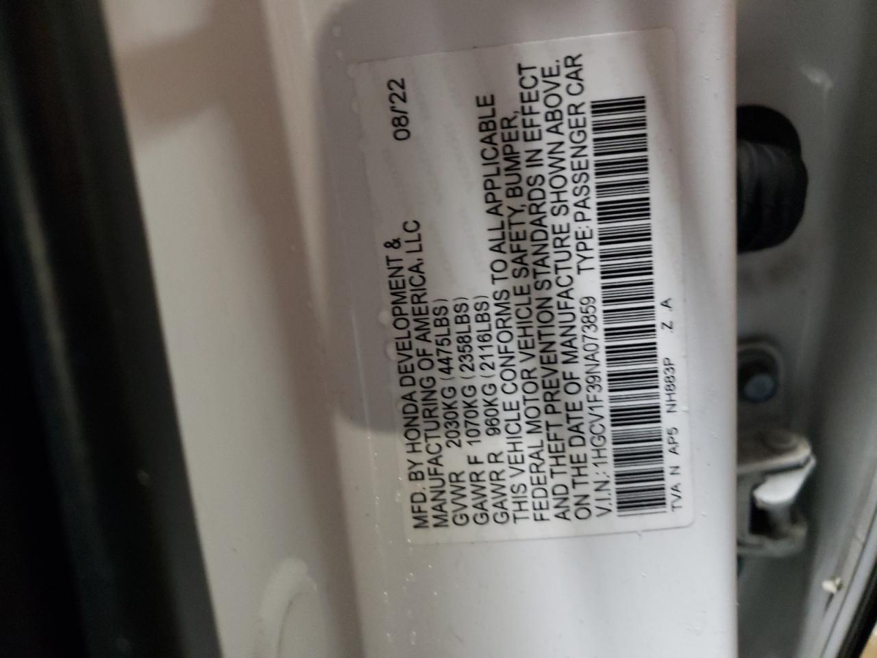 2022 HONDA ACCORD SPORT VIN:1HGCV1F39NA073859