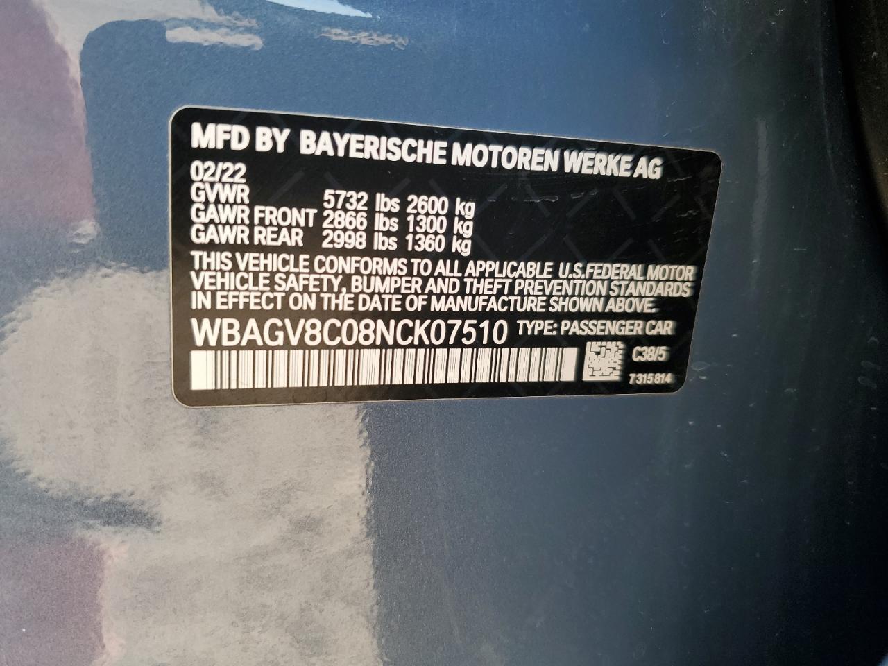 2022 BMW M850XI VIN:WBAGV8C08NCK07510