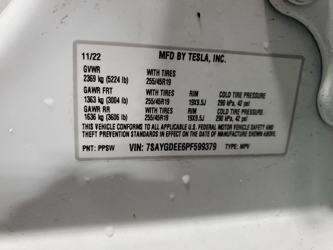 2023 TESLA MODEL Y VIN:7SAYGDEE6PF599379