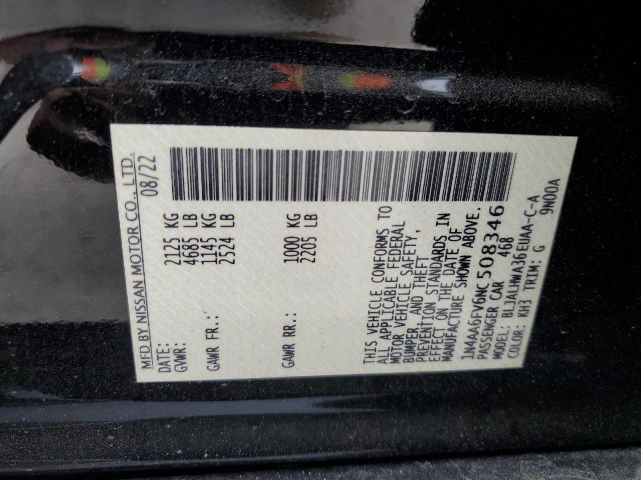 2022 NISSAN MAXIMA PLATINUM VIN:1N4AA6FV6NC508346