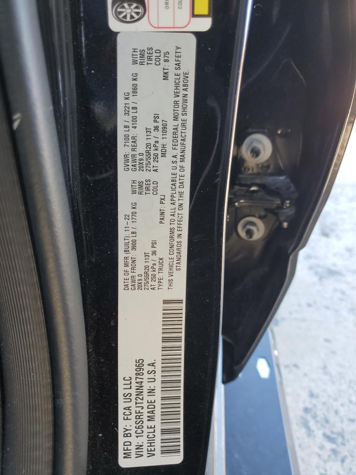 2022 RAM 1500 LARAMIE VIN:1C6SRFJT2NN478965