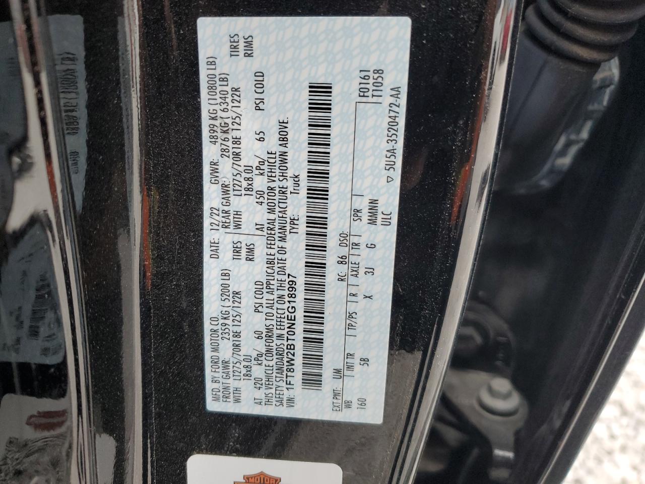 2022 FORD F250 SUPER DUTY VIN:1FT8W2BT0NEG18997