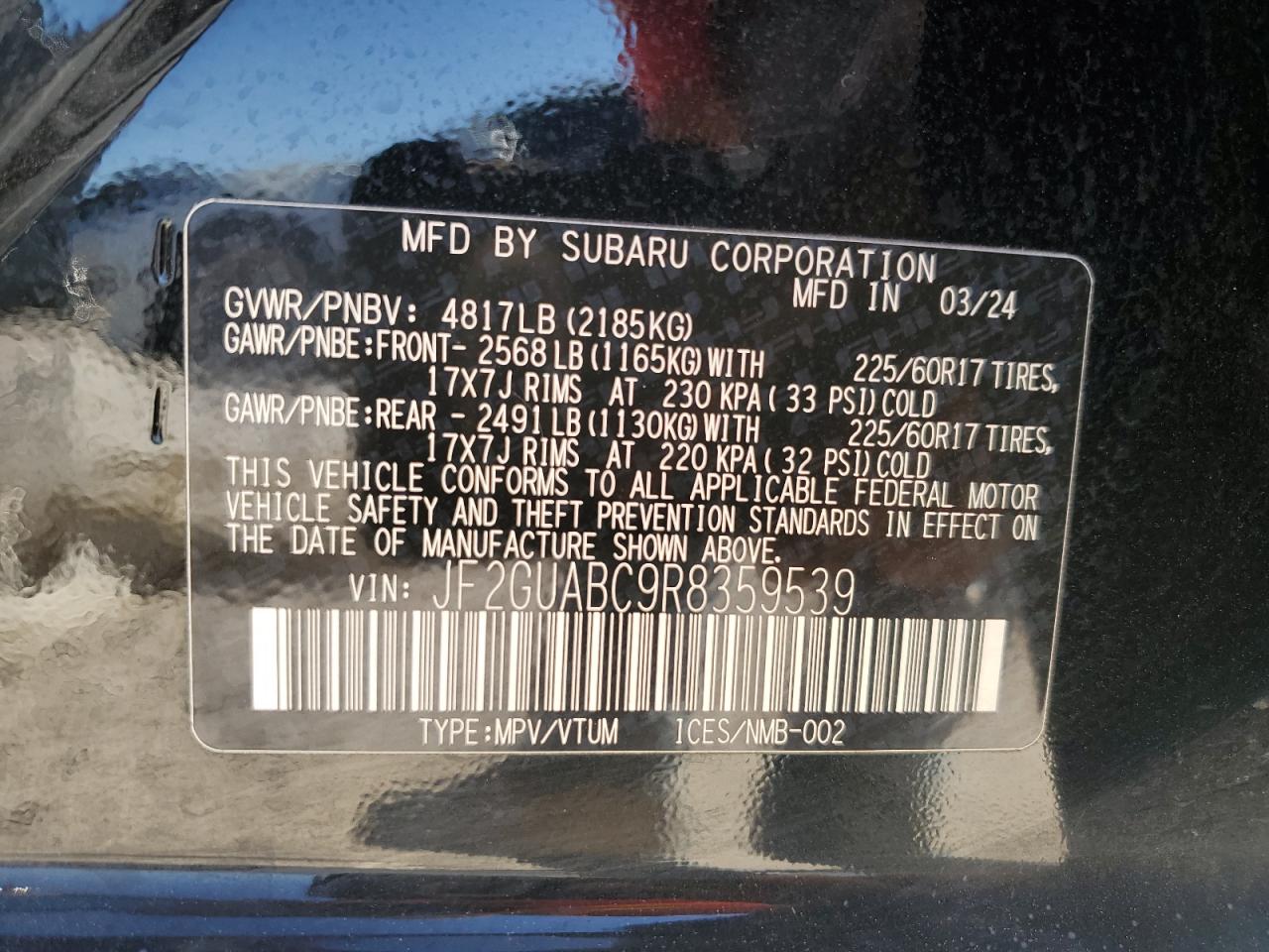 2024 SUBARU CROSSTREK VIN:JF2GUABC9R8359539