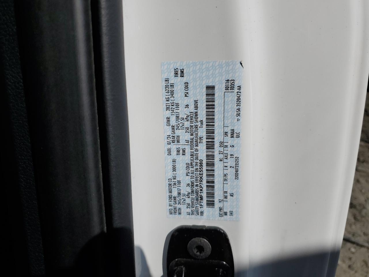 2024 FORD F150 XL VIN:1FTMF1KP7RKE55980