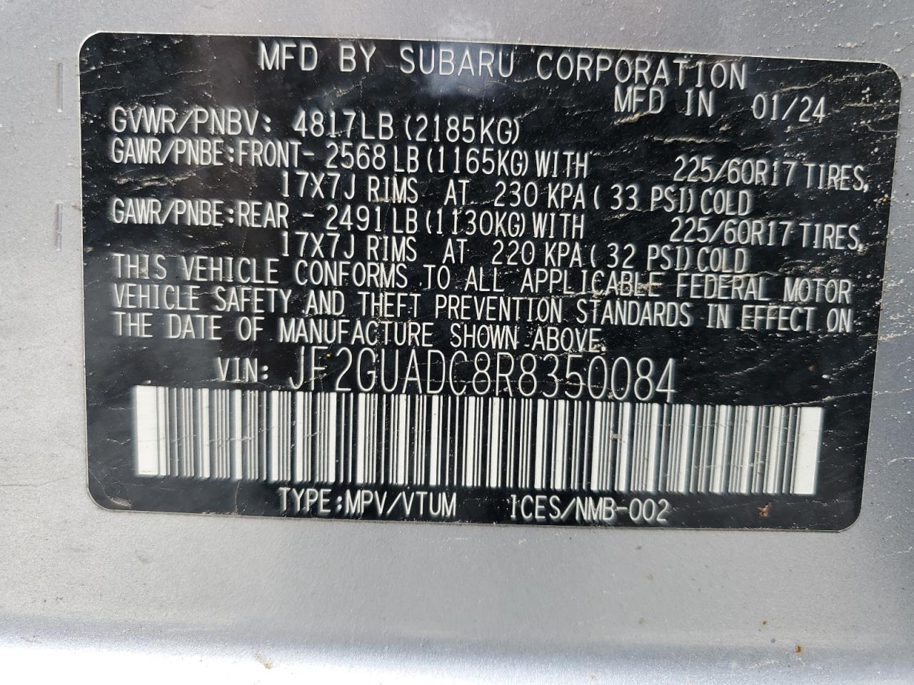 2024 SUBARU CROSSTREK PREMIUM VIN:JF2GUADC8R8350084