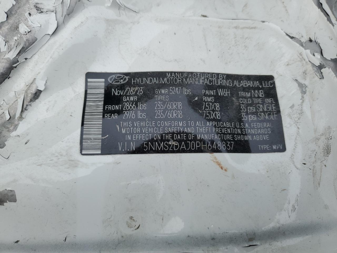 2023 HYUNDAI SANTA FE SEL VIN:5NMS2DAJ0PH648837