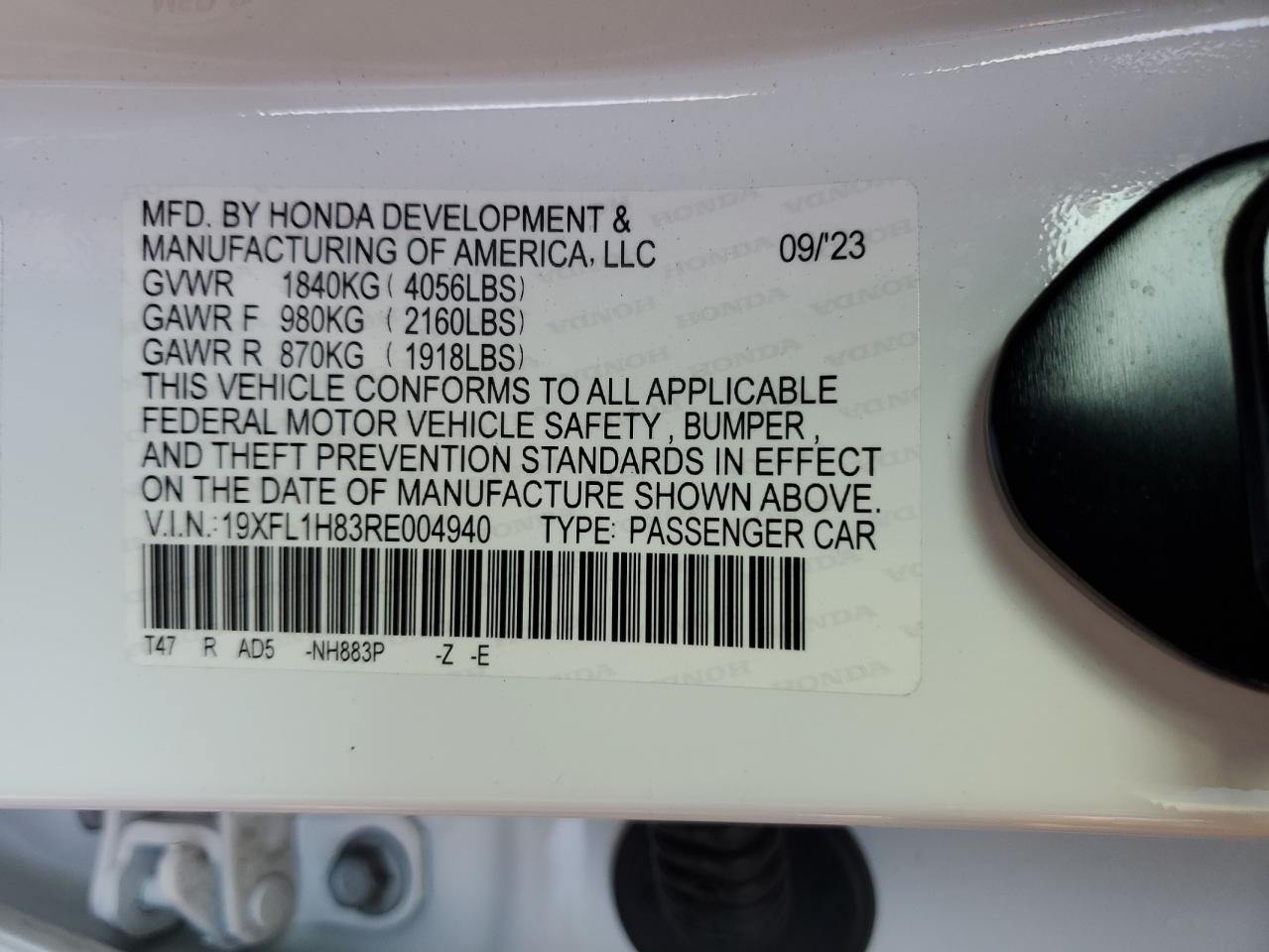 2024 HONDA CIVIC SPORT TOURING VIN:19XFL1H83RE004940