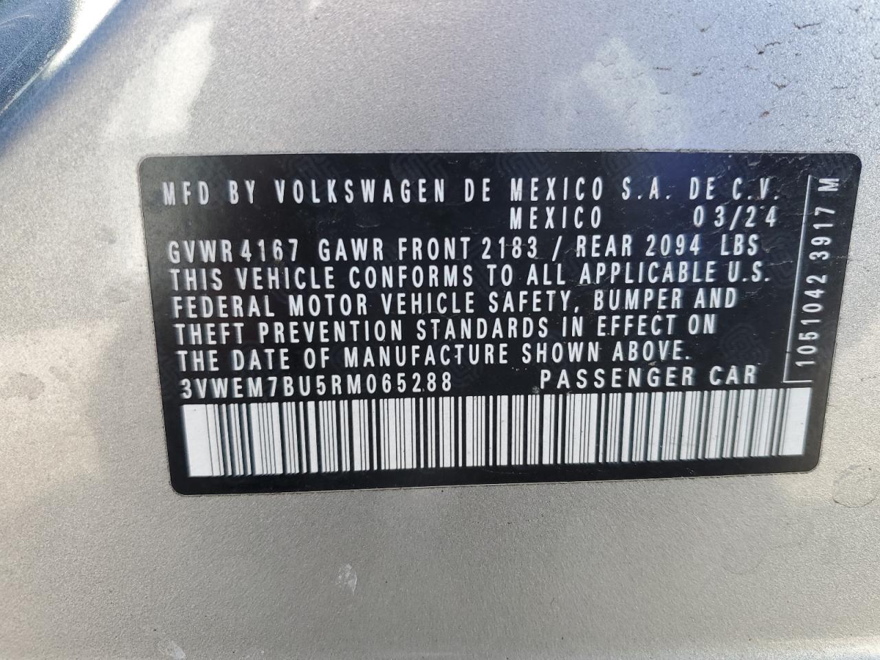 2024 VOLKSWAGEN JETTA SE VIN:3VWEM7BU5RM065288