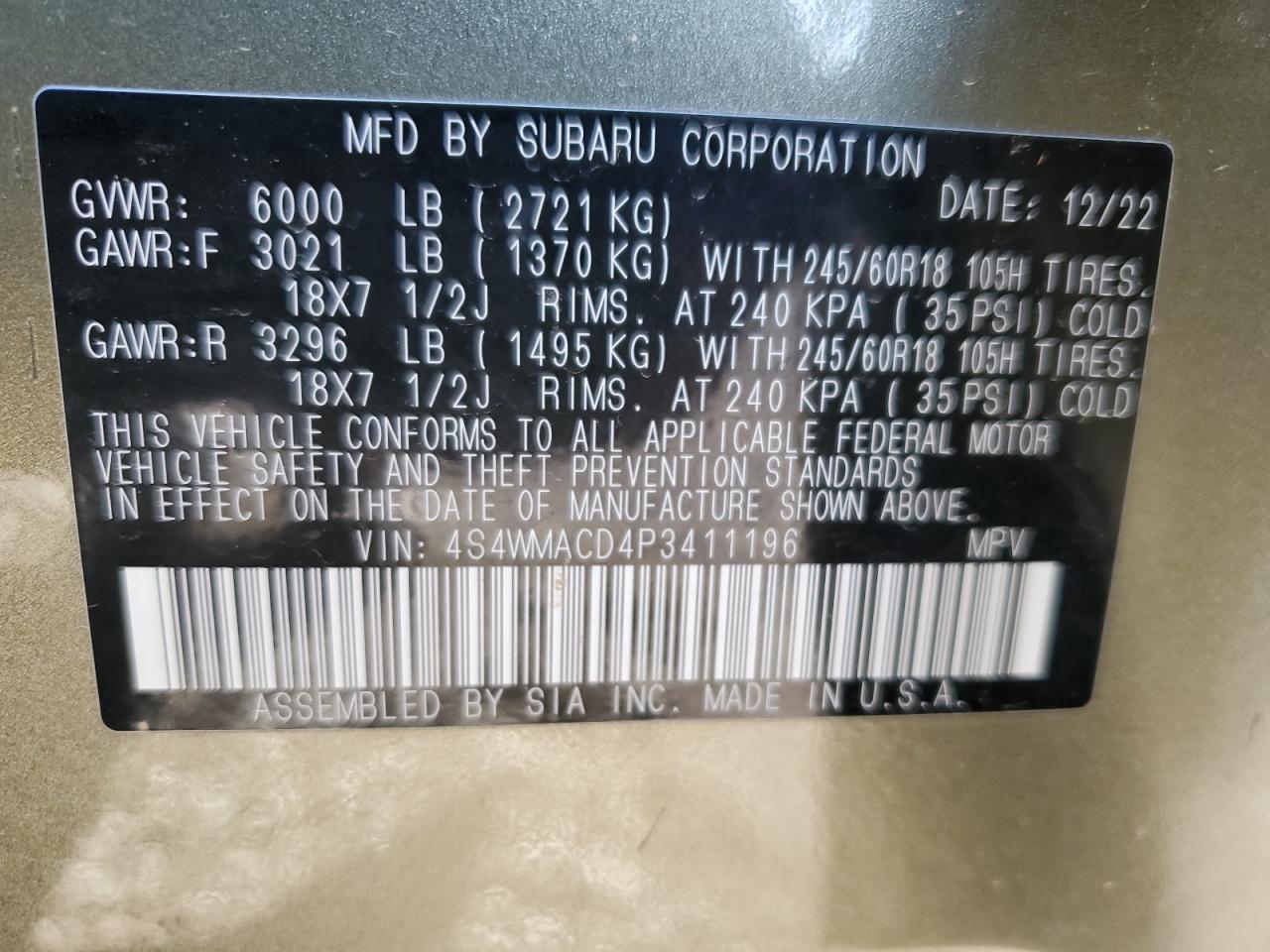 2023 SUBARU ASCENT PREMIUM VIN:4S4WMACD4P3411196