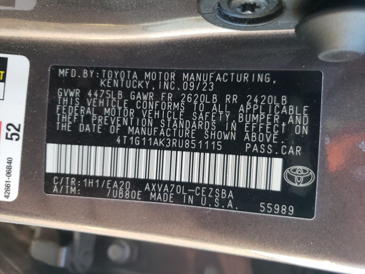 2024 TOYOTA CAMRY SE NIGHT SHADE VIN:4T1G11AK3RU851115