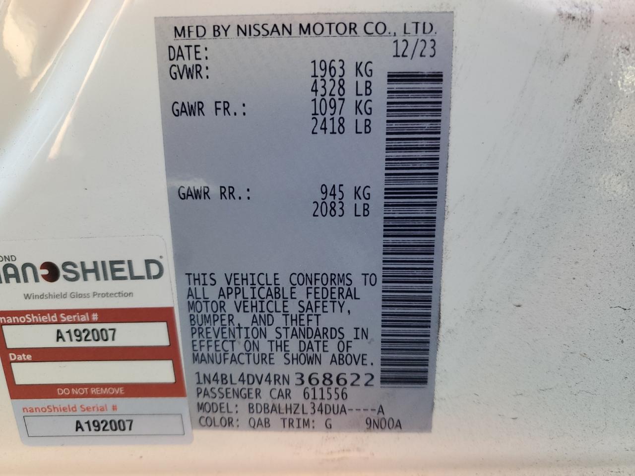 2024 NISSAN ALTIMA SV VIN:1N4BL4DV4RN368622