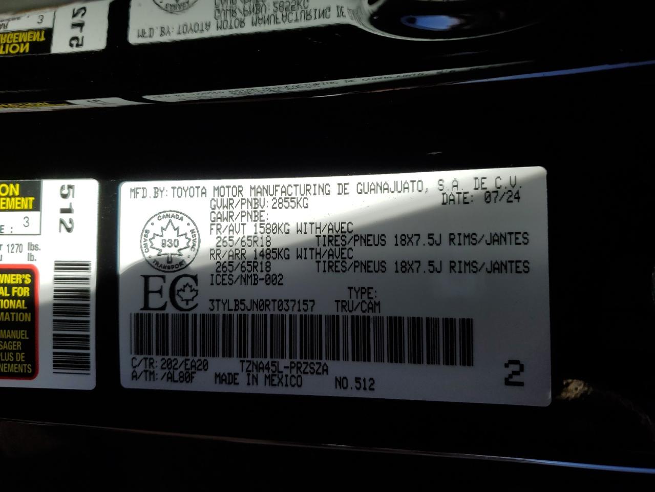 2024 TOYOTA TACOMA DOUBLE CAB VIN:3TYLB5JN0RT037157