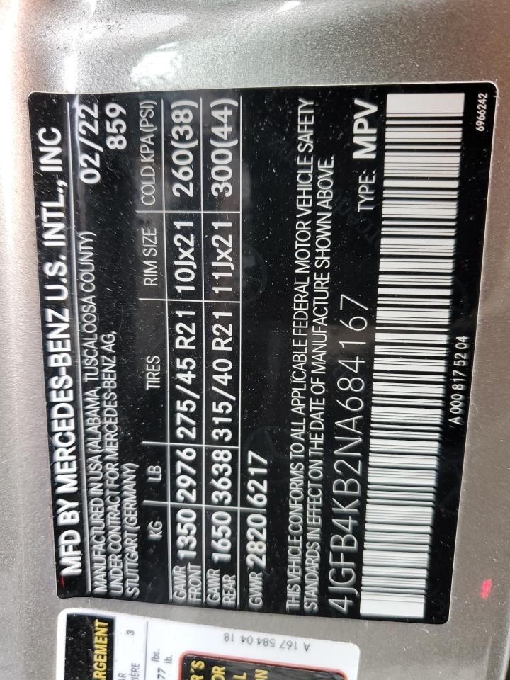 2022 MERCEDES-BENZ GLE 350 4MATIC VIN:4JGFB4KB2NA684167