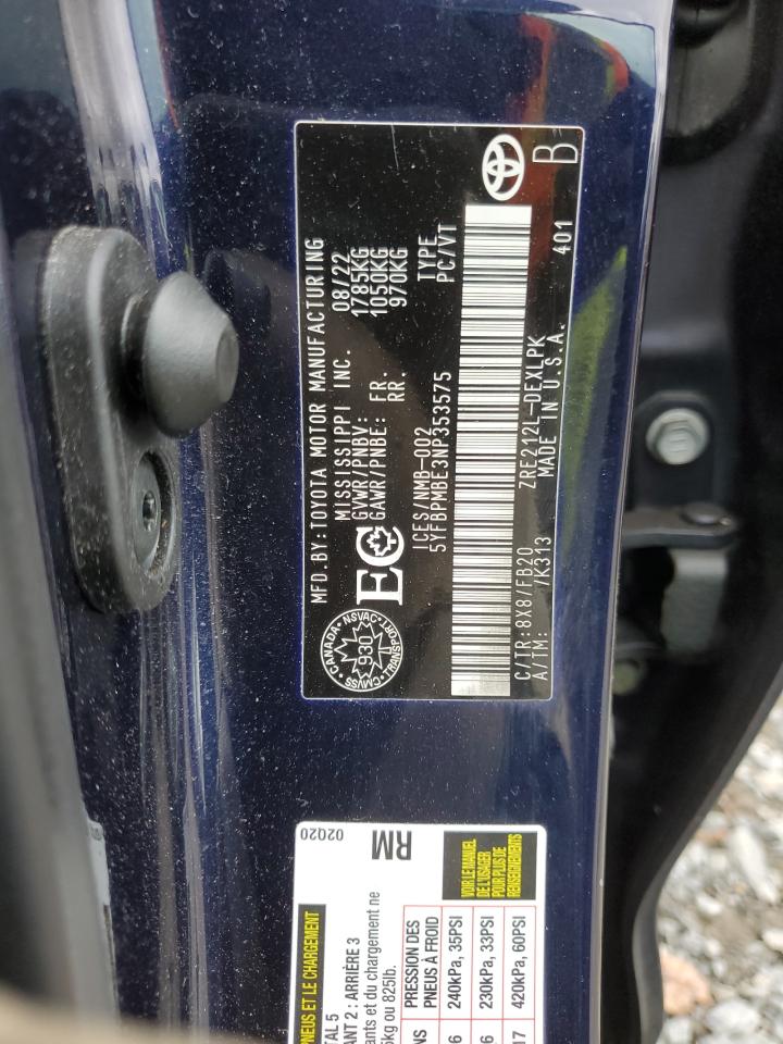 2022 TOYOTA COROLLA LE VIN:5YFBPMBE3NP353575