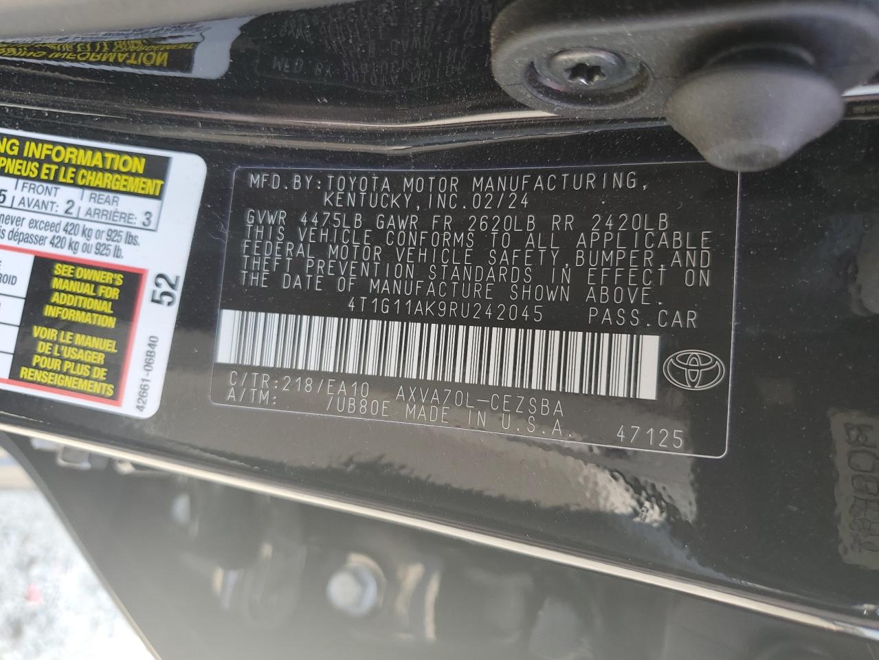 2024 TOYOTA CAMRY SE NIGHT SHADE VIN:4T1G11AK9RU242045