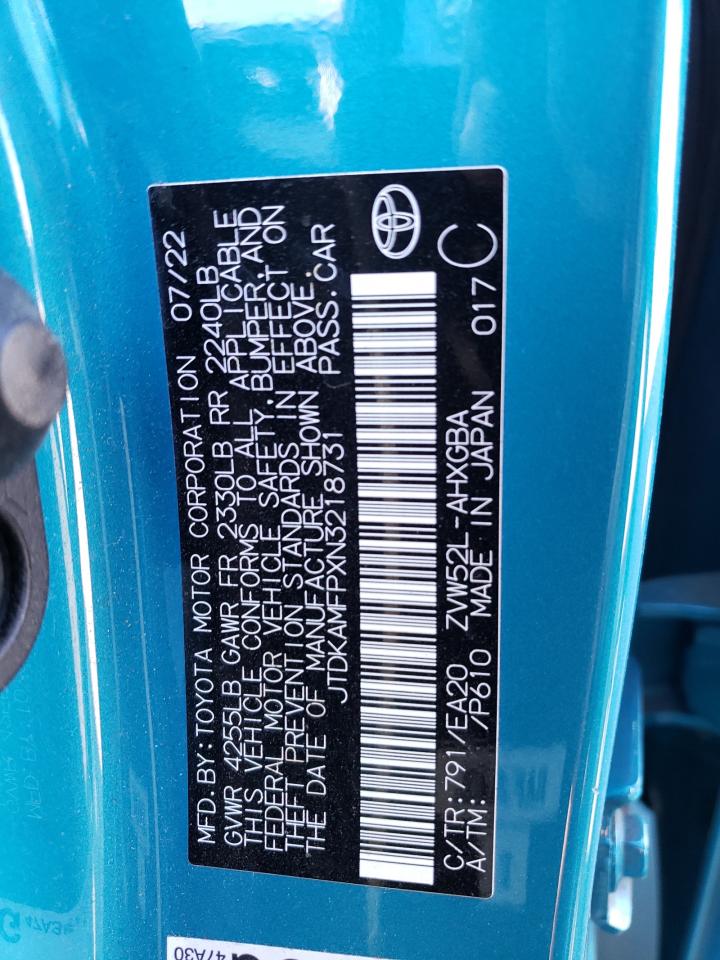 2022 TOYOTA PRIUS PRIME LE VIN:JTDKAMFPXN3218731