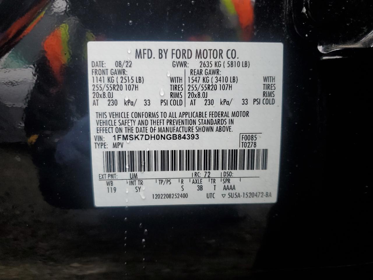 2022 FORD EXPLORER XLT VIN:1FMSK7DH0NGB84393