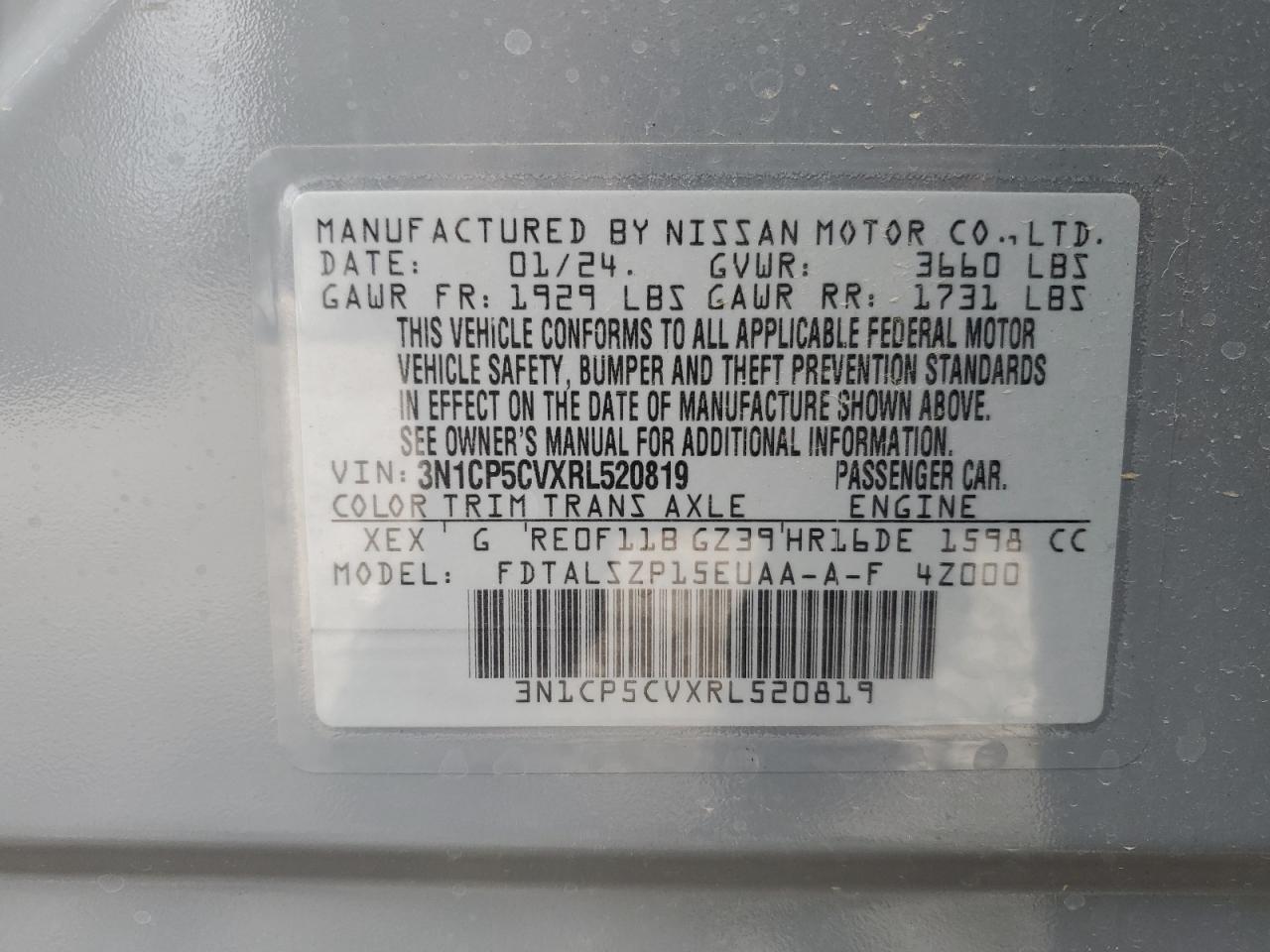 2024 NISSAN KICKS SV VIN:3N1CP5CVXRL520819