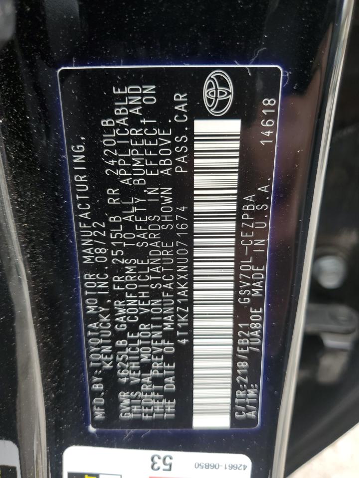 2022 TOYOTA CAMRY TRD VIN:4T1KZ1AKXNU071674