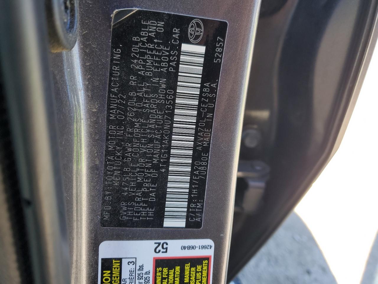 2022 TOYOTA CAMRY SE VIN:4T1G11AK0NU713560