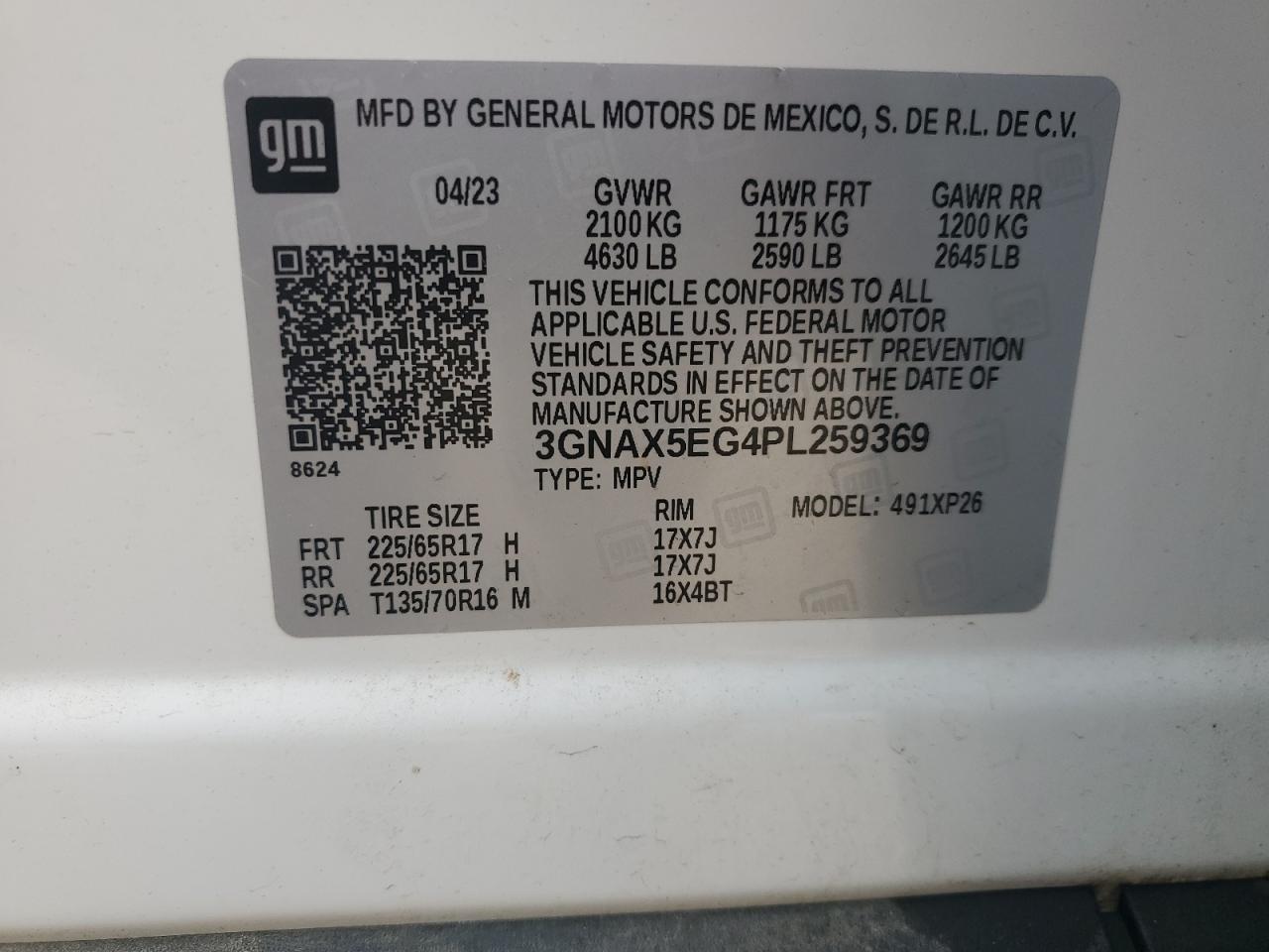 2023 CHEVROLET EQUINOX LS VIN:3GNAX5EG4PL259369