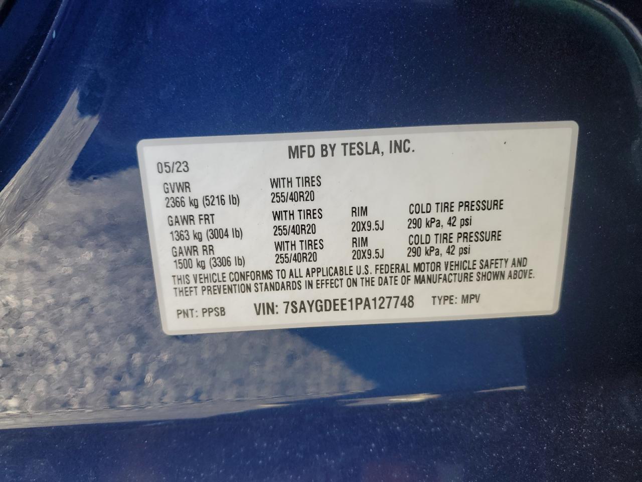 2023 TESLA MODEL Y VIN:7SAYGDEE1PA127748