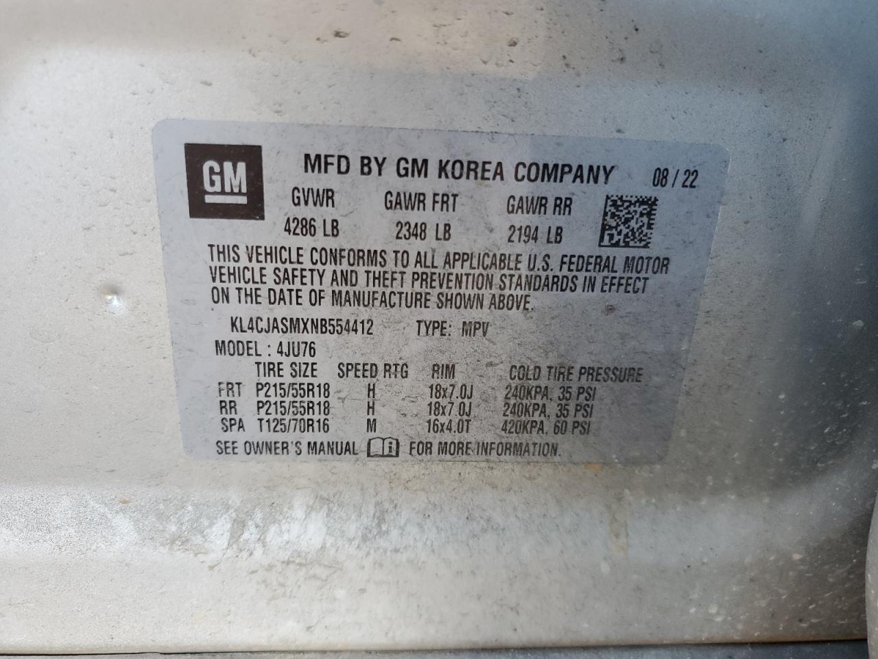 2022 BUICK ENCORE PREFERRED VIN:KL4CJASMXNB554412