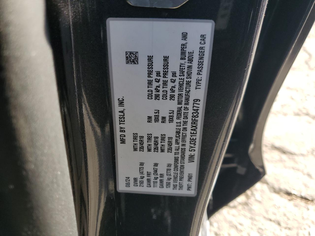 2024 TESLA MODEL 3 VIN:5YJ3E1EAXRF834779