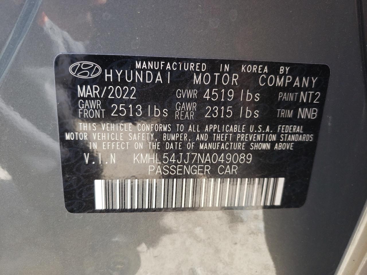 2022 HYUNDAI SONATA HYBRID VIN:KMHL54JJ7NA049089