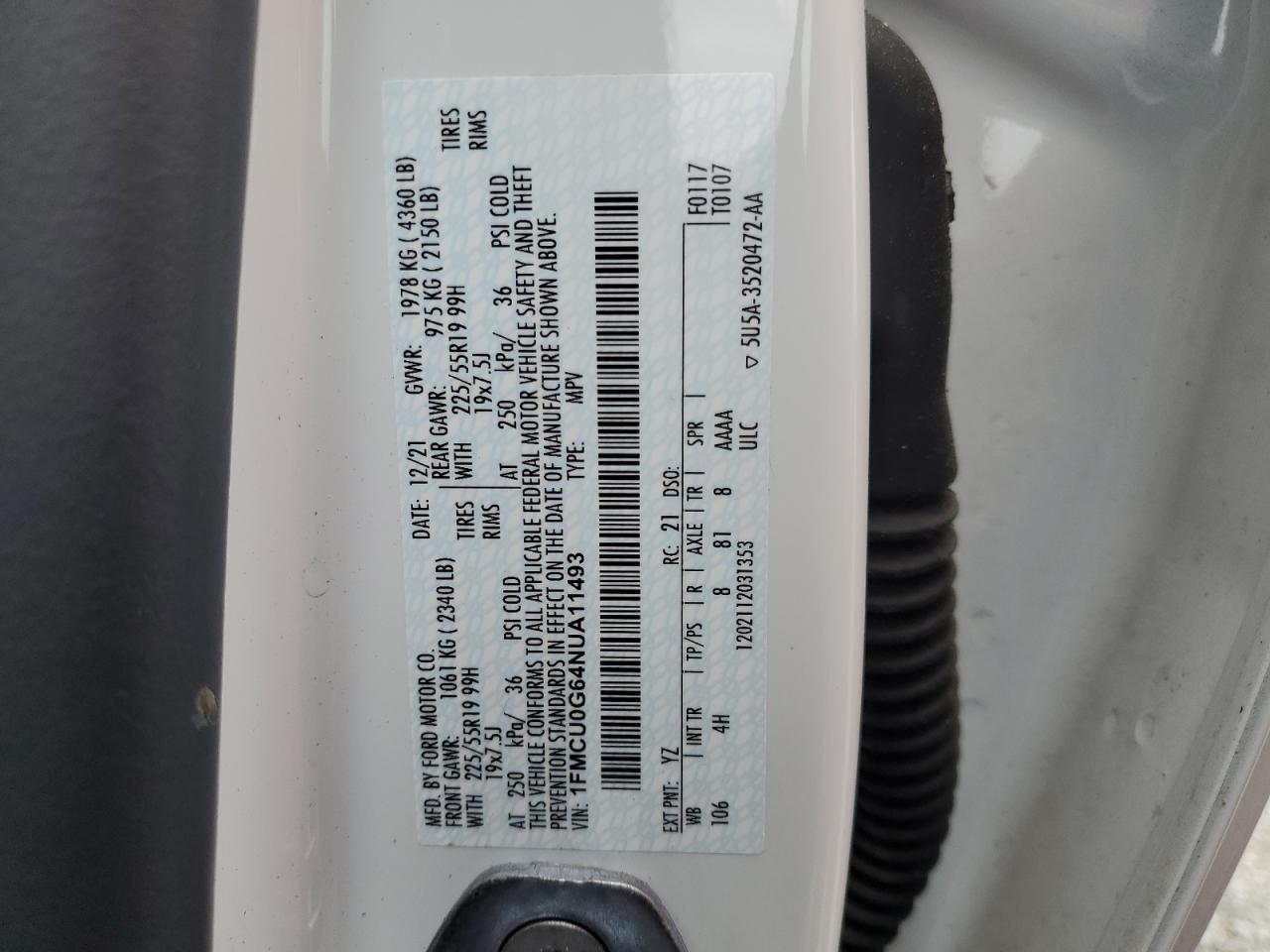 2022 FORD ESCAPE SE VIN:1FMCU0G64NUA11493