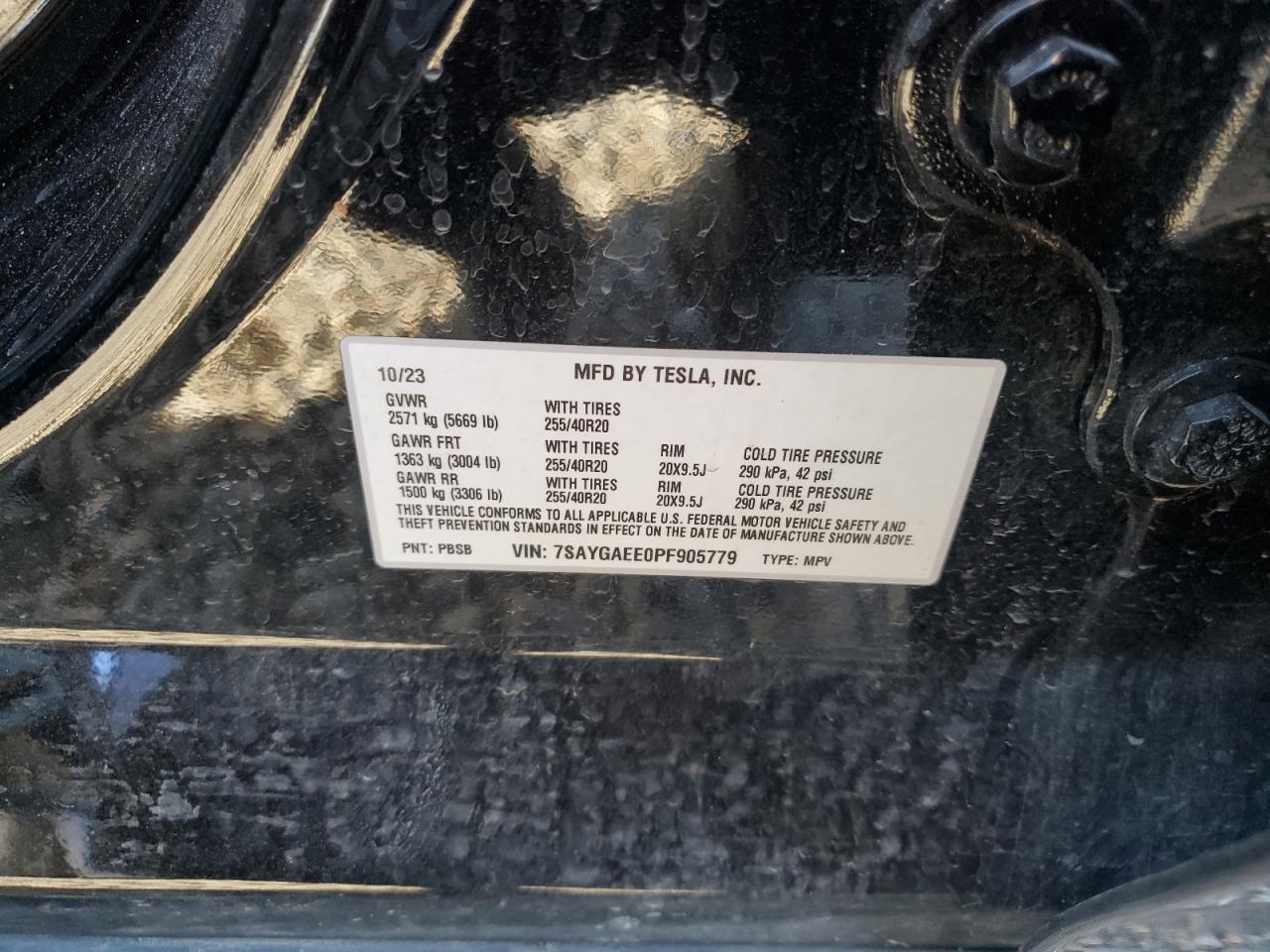 2023 TESLA MODEL Y VIN:7SAYGAEE0PF905779