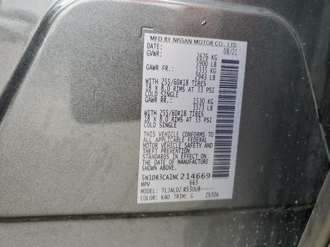 2022 NISSAN PATHFINDER SL VIN:5N1DR3CA1NC214669